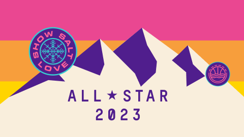 Salt Lake City Utah, The home of Show Salt Love, Salt Lake Basketball Merch, Jazz inpsired basketball merch, a mountain backdrop with All-Star 2023, Show Salt Love logos and Veniceball logos. 